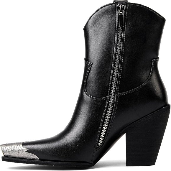 🆕Women Black Western Ankle Boots Metal Toe Booties Stacked Block Heeled Shoes - Picture 3 of 5